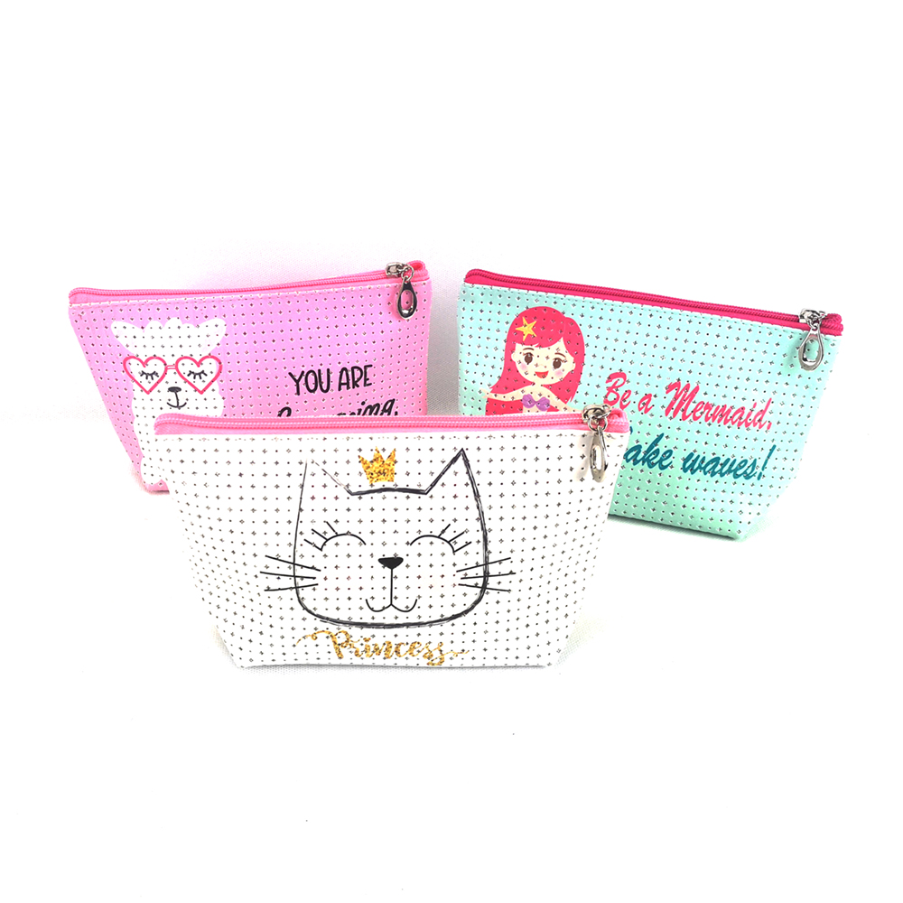 new design punched PU leather cosmetic bag with cartoon printing