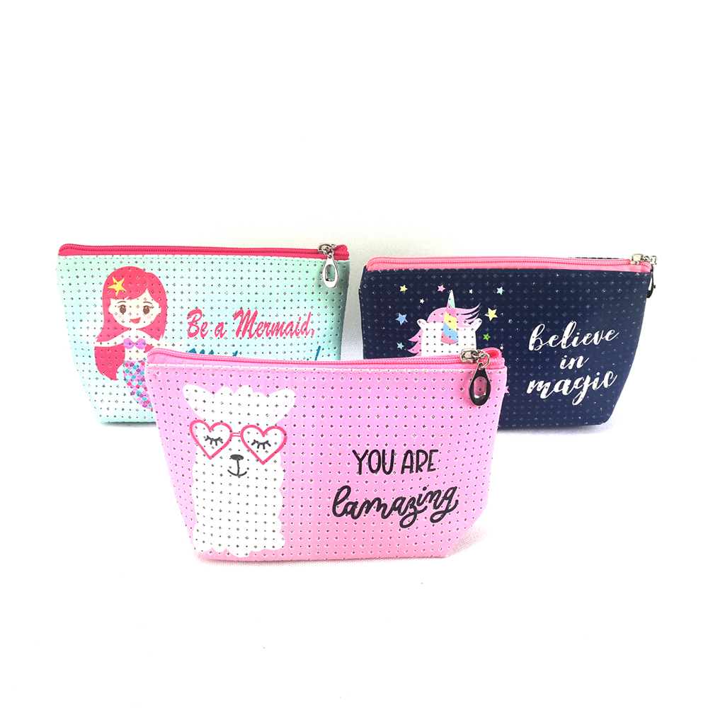 new design punched PU leather cosmetic bag with cartoon printing