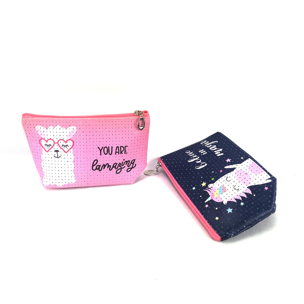 new design punched PU leather cosmetic bag with cartoon printing